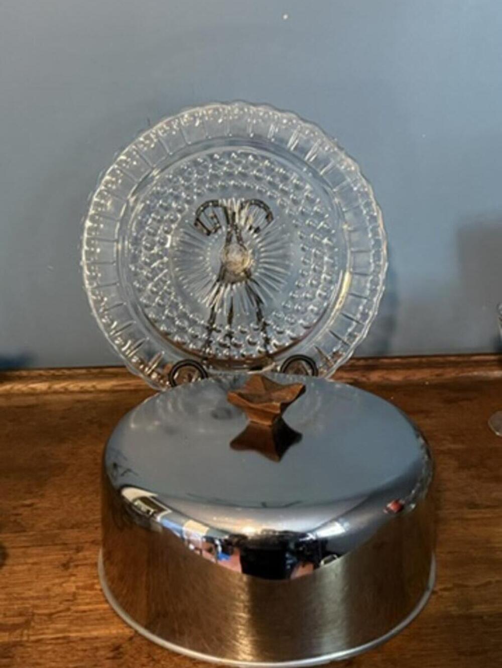 Vintage MCM Glass 3 footed Cake Stand with Steel Lid and Wooden Handle